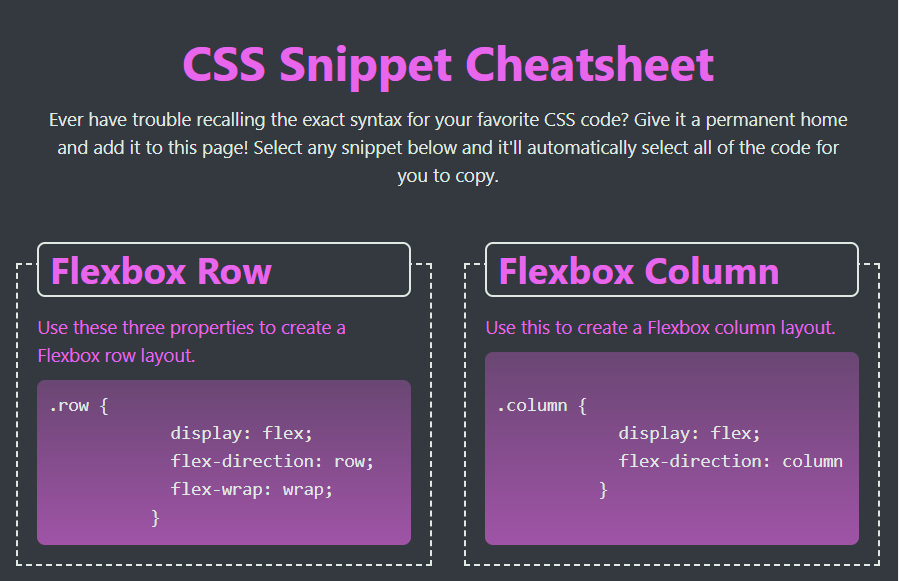CSS Snippet Cheatsheet